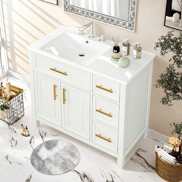 thumbnail image 2 of Runfine 36-in Baltic Birch Undermount Single Sink Bathroom Vanity With Carrara White Engineered Stone Top In Yellow | RF110437 2 of 13